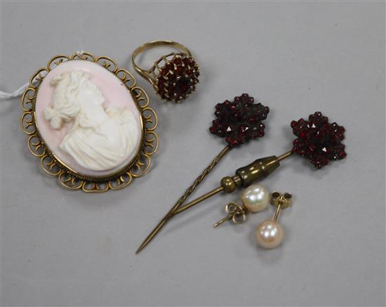 A 9ct gold cameo brooch, two stick pins, a garnet ring and pair of cultured pearl ear studs.